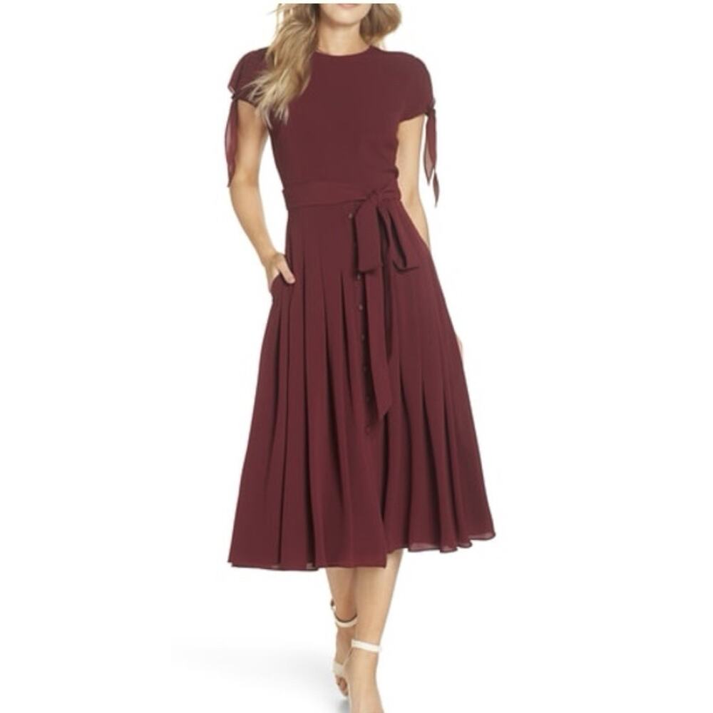 GAL MEETS GLAM Bette Midi Pleated Dress Size 8 Burgundy EUC Worn Once